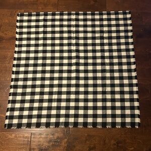 Oversized square scarf 45”x45” black and ivory buffalo plaid with fringe edge.